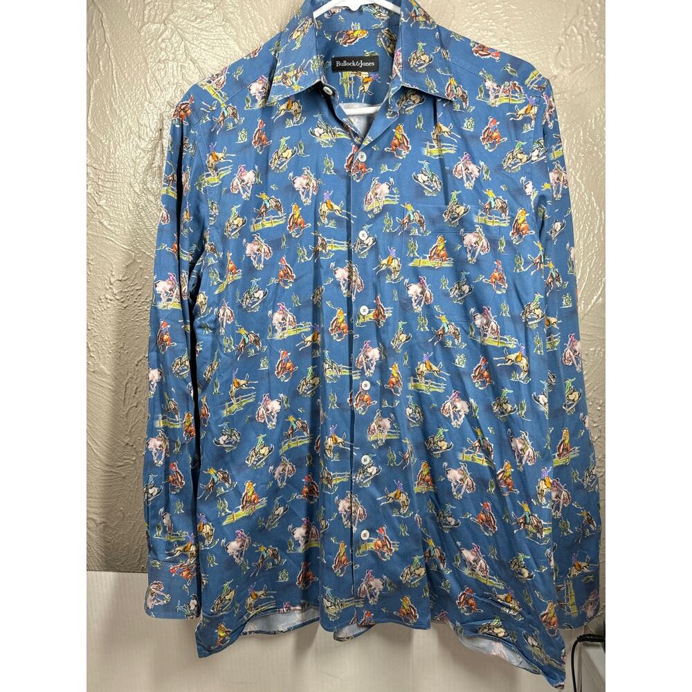 Bullock & Jones Shirt Mens Button Up Vintage Long Sleeve Horses Rodeo Size Large